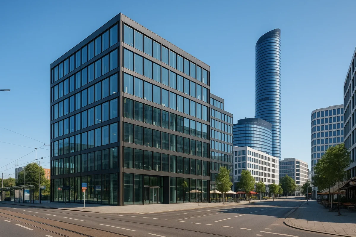 Nowoczesny biurowiec we Wrocławiu w otoczeniu Sky Tower i Wrocław Business Garden, z dobrą komunikacją i usługami w pobliżu.