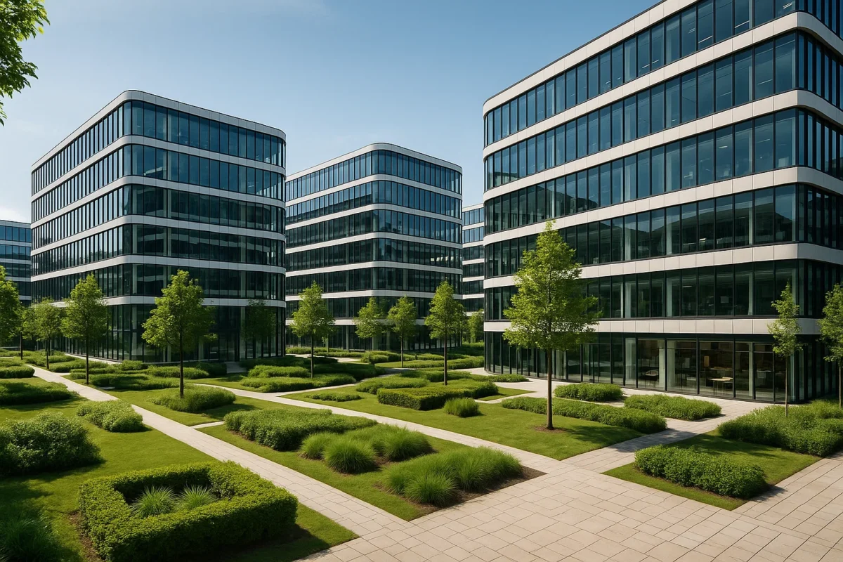 Nowoczesny kompleks biurowy we Wrocławiu z zielenią i architekturą mixed-use inspirowany Business Garden.