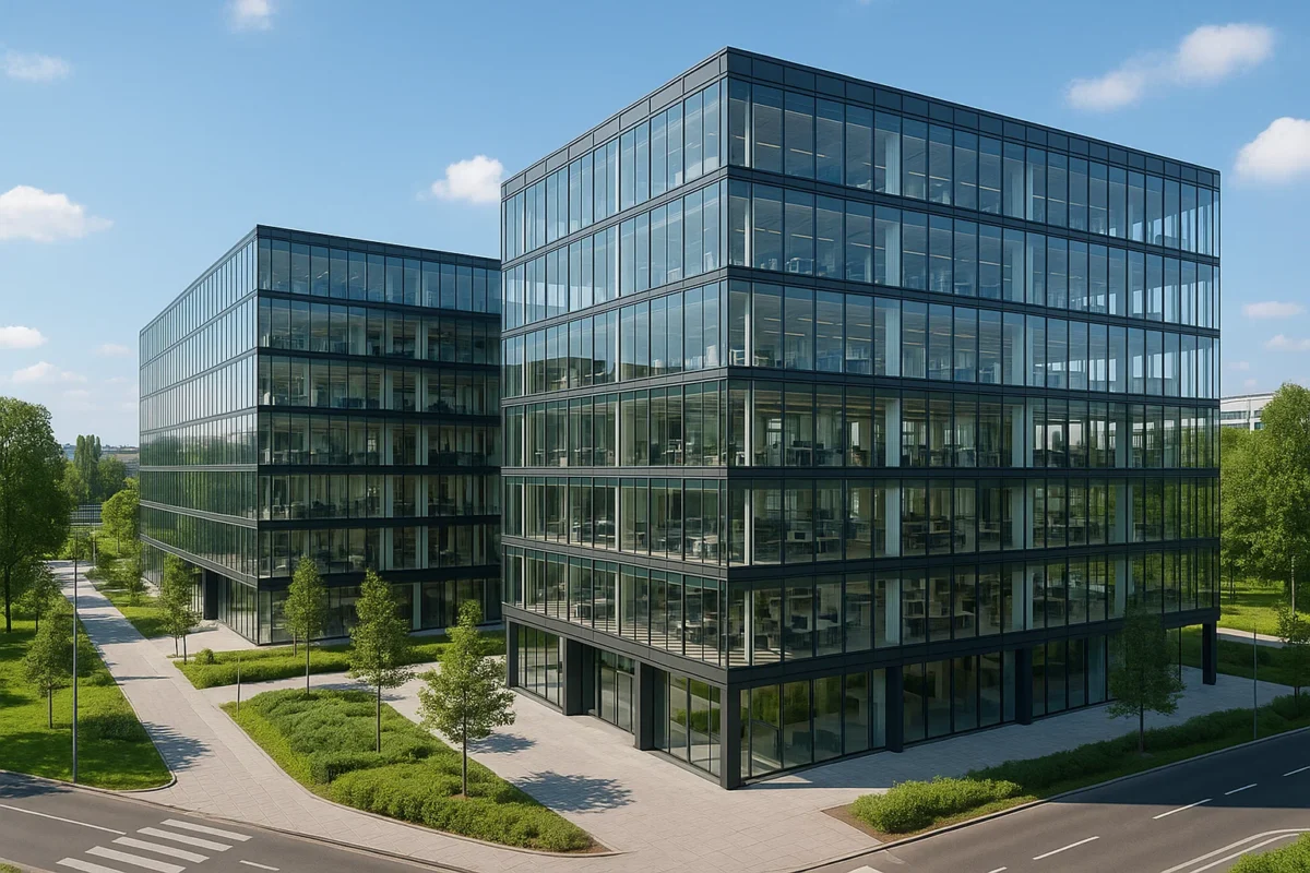 Nowoczesny kompleks biurowy we Wrocławiu z przeszkloną fasadą i elementami zrównoważonej architektury.